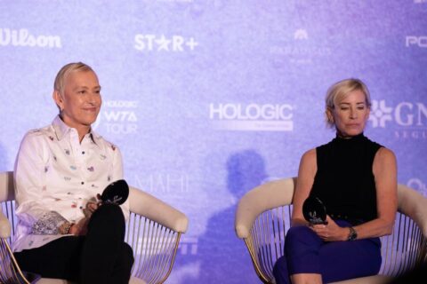 FILE PHOTO:Nov 2, 2023; Cancun, Mexico; Chris Evert and Martina Navratilova in a joint press conference on day five of the GNP Saguaros WTA Finals Cancun. Mandatory Credit: Susan Mullane-USA TODAY Sports/File Photo