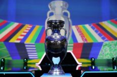 Soccer Football - Euro 2024 Qualifying Draw - Festhalle, Frankfurt, Germany - October 9, 2022 The European Championship trophy is seen before the draw REUTERS/Kai Pfaffenbach/File Photo
