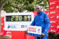 Oct 8, 2023; Chicago, IL, USA; Kelvin Kiptum (KEN) celebrates after finishing in a world record time of 2:00:35 to win the Chicago Marathon at Grant Park. Mandatory Credit: Patrick Gorski-USA TODAY Sports/File Photo